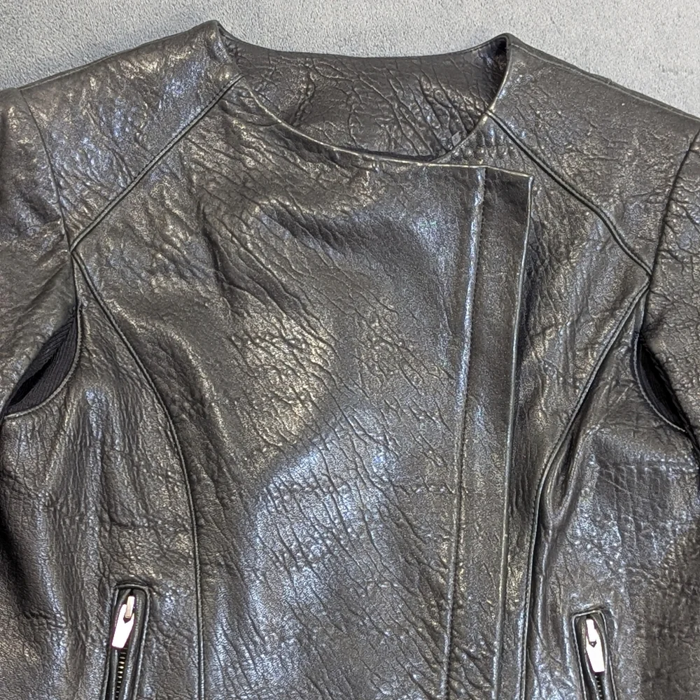 Veda Dallas Leather Motor Jacket Size S Black Stretchy Sleeve Panel Biker 100% L - Picture 3 of 10